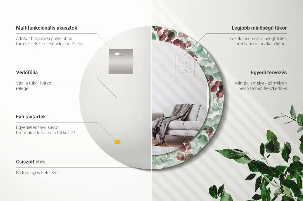 Okrúhle zrkadlo rám s potlačou Eukalyptus