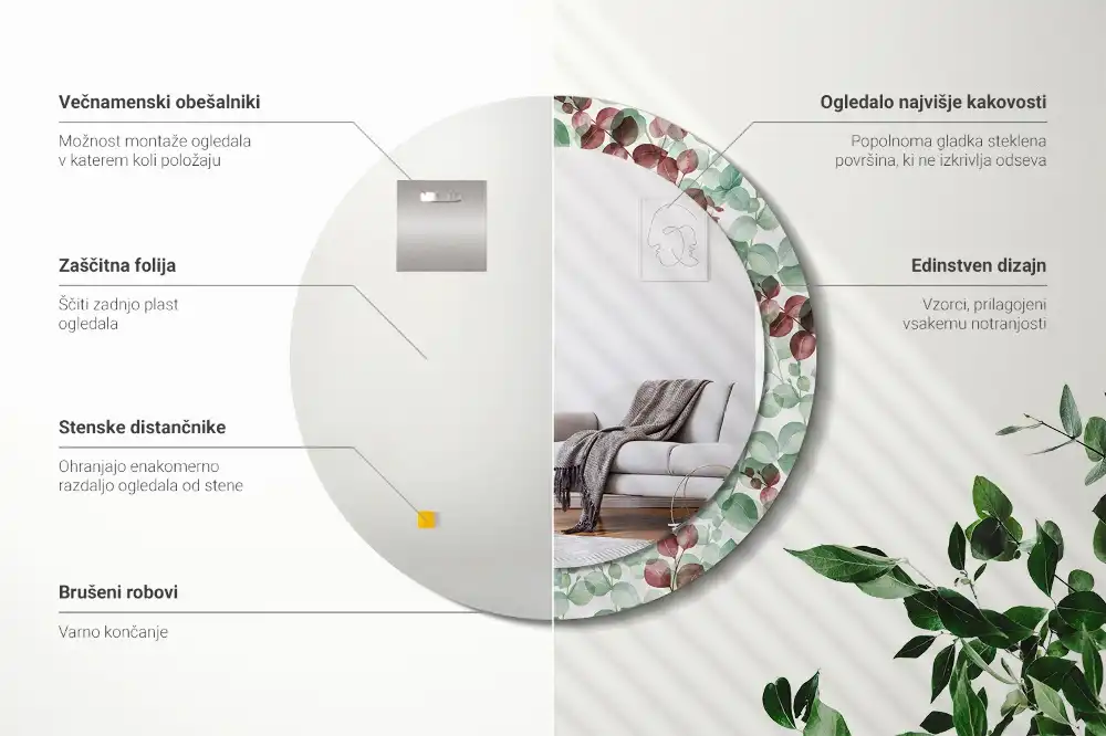 Okrúhle zrkadlo rám s potlačou Eukalyptus