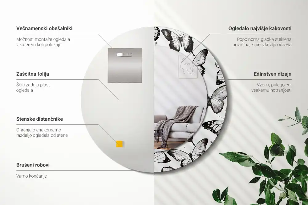 Okrúhle zrkadlo s potlačeným rámom Motýle