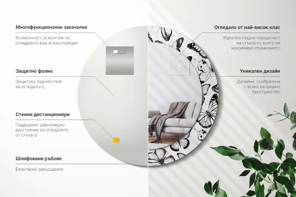 Okrúhle zrkadlo s potlačeným rámom Motýle