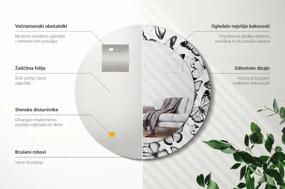 Okrúhle zrkadlo s potlačeným rámom Motýle