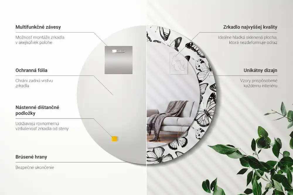 Okrúhle zrkadlo s potlačeným rámom Motýle