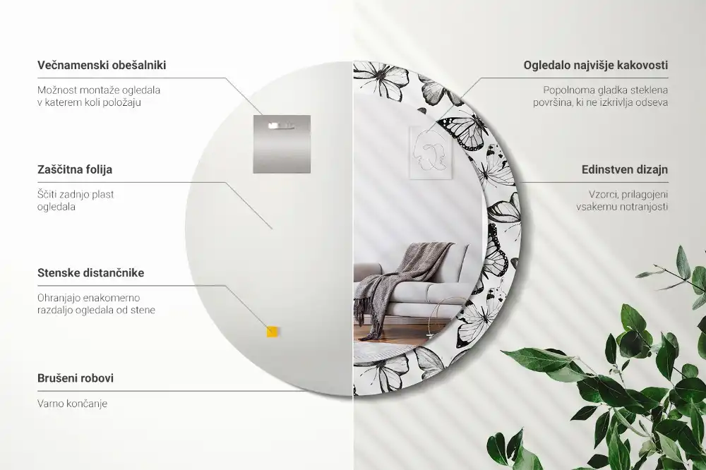 Okrúhle zrkadlo s potlačeným rámom Motýle