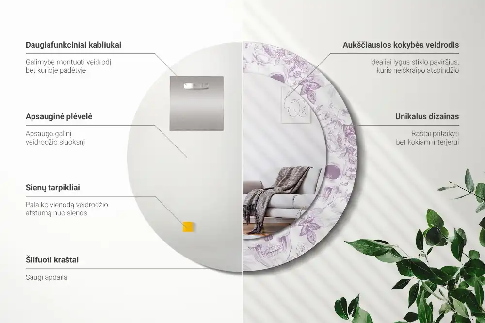 Okrúhle zrkadlo rám s potlačou Lebky