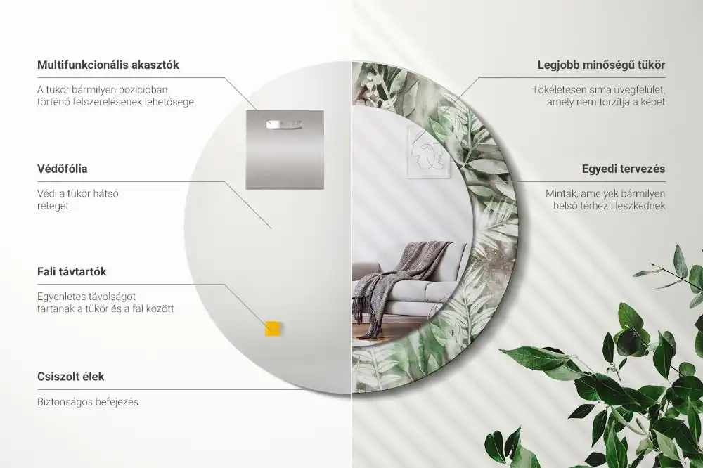 Okrúhle zrkadlo rám s potlačou Akvarelové listy