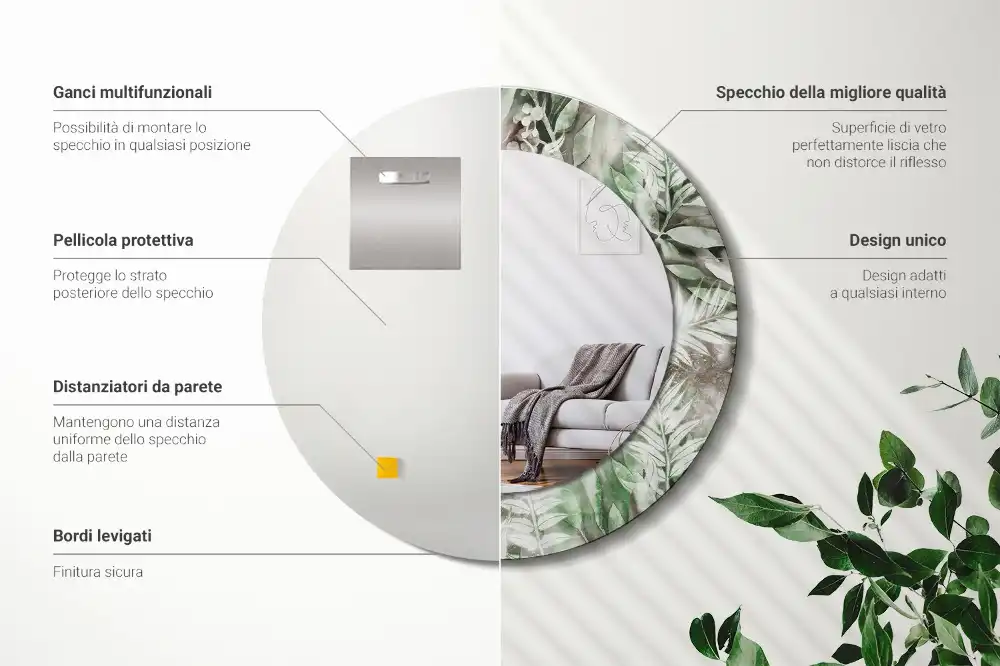 Okrúhle zrkadlo rám s potlačou Akvarelové listy