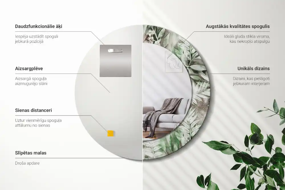 Okrúhle zrkadlo rám s potlačou Akvarelové listy