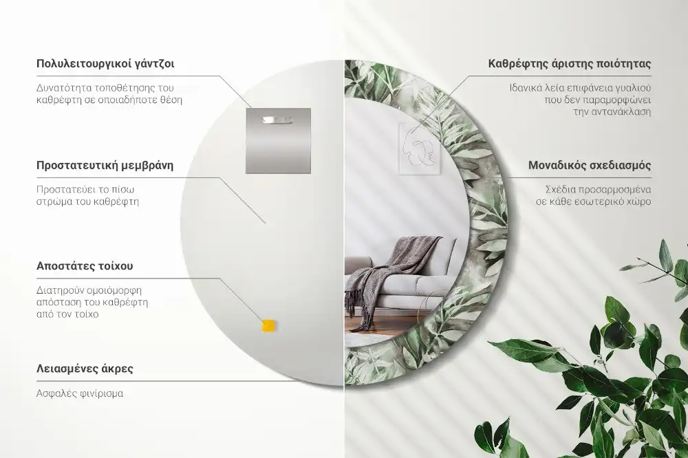 Okrúhle zrkadlo rám s potlačou Akvarelové listy