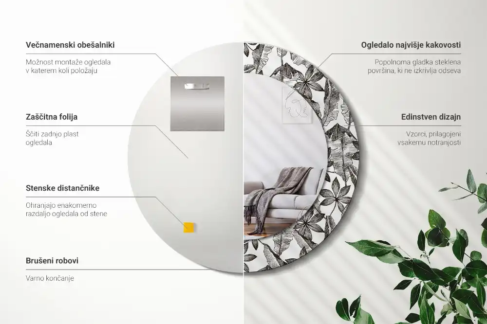 Okrúhle zrkadlo rám s potlačou Tropické listy