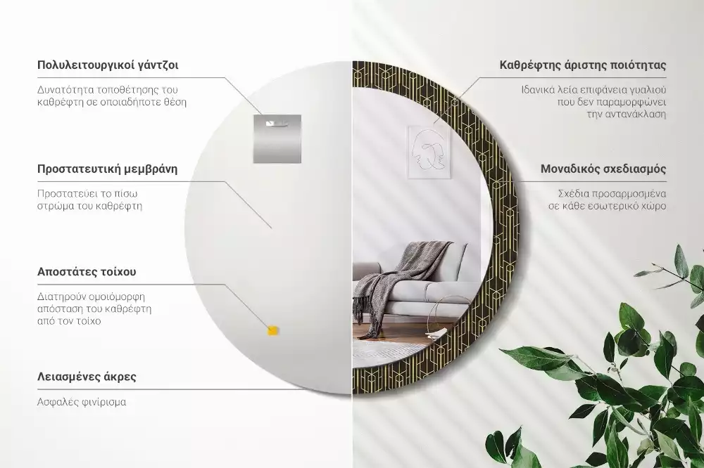 Okrúhle zrkadlo s potlačeným rámom Vintage geometria