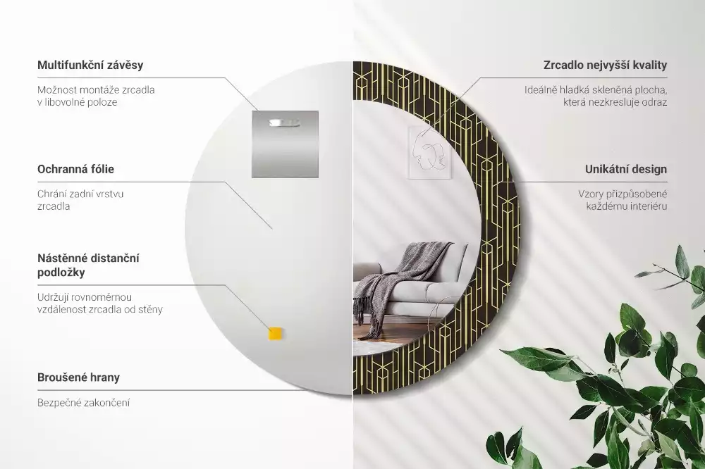 Okrúhle zrkadlo s potlačeným rámom Vintage geometria