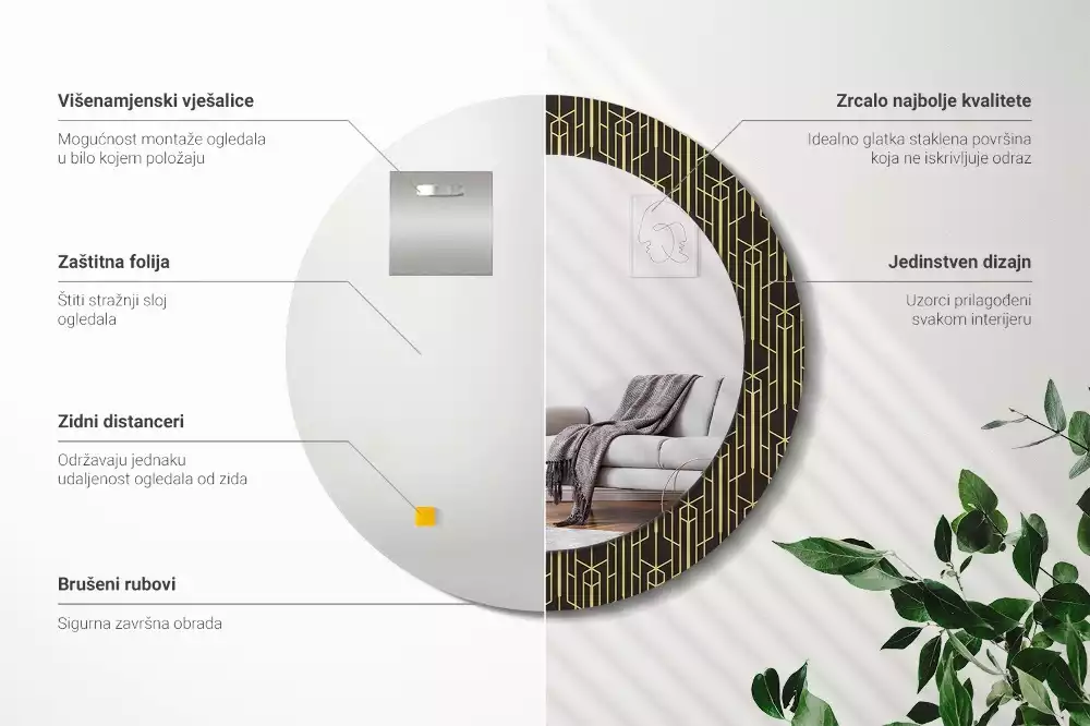 Okrúhle zrkadlo s potlačeným rámom Vintage geometria