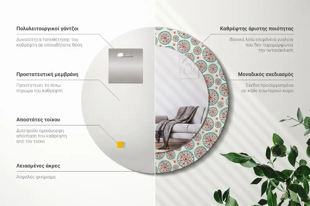 Okrúhle dekoračné zrkadlo na stenu Boho vzor