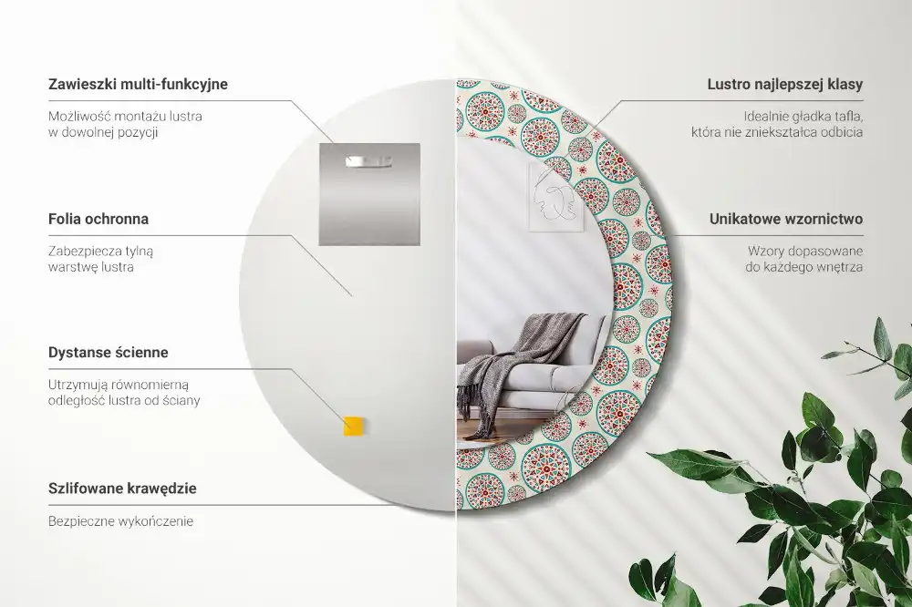 Okrúhle dekoračné zrkadlo na stenu Boho vzor