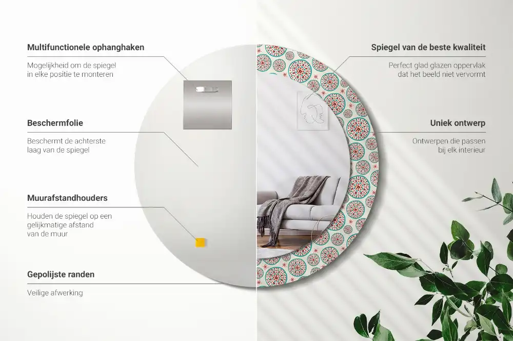 Okrúhle dekoračné zrkadlo na stenu Boho vzor