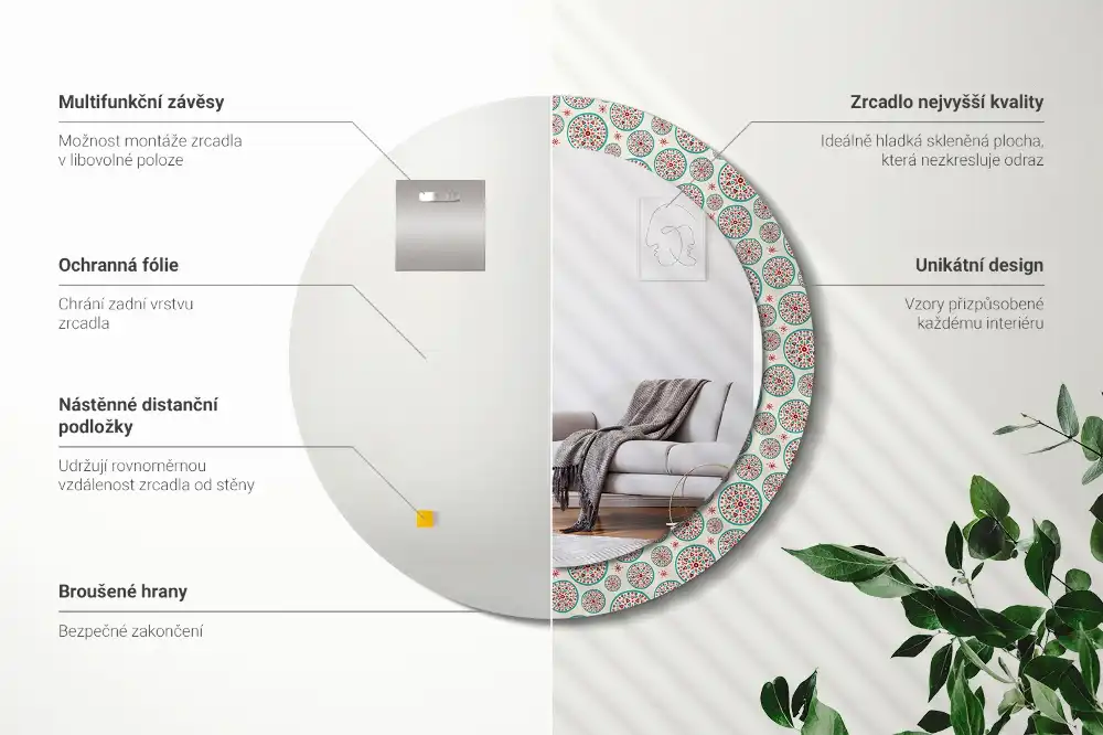 Okrúhle dekoračné zrkadlo na stenu Boho vzor