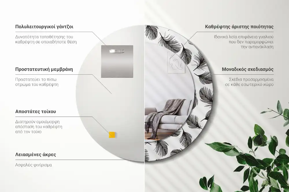 Okrúhle dekoračné zrkadlo na stenu Perie