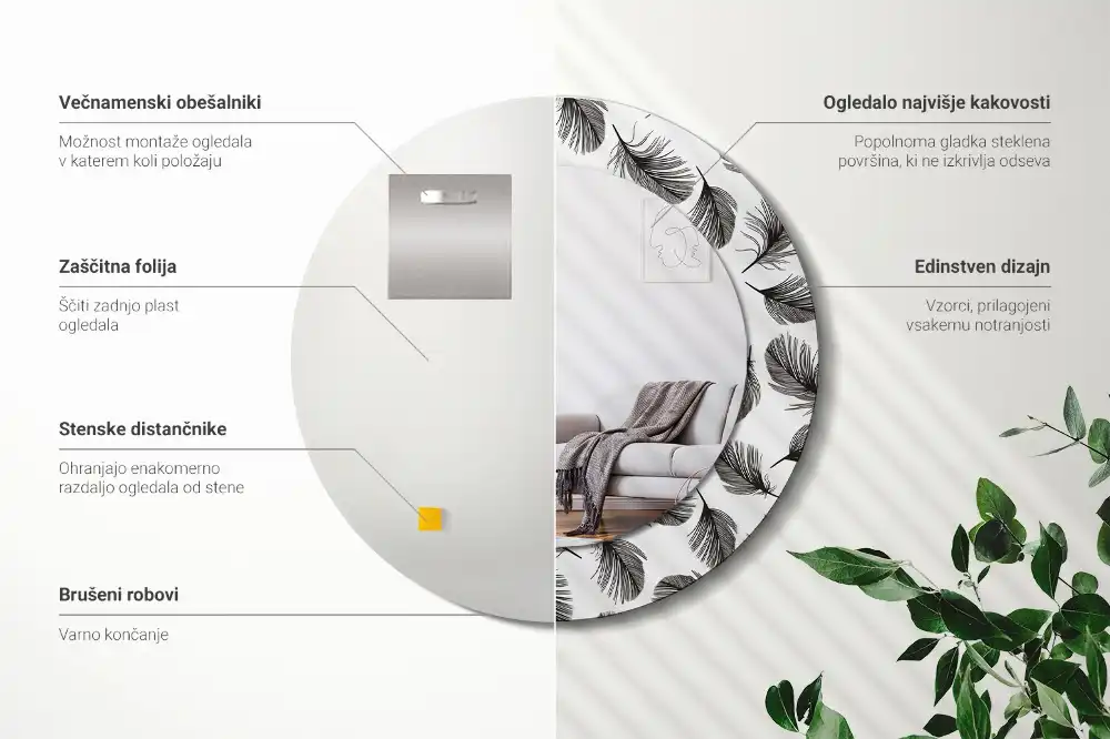 Okrúhle dekoračné zrkadlo na stenu Perie