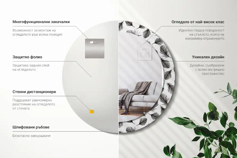 Okrúhle dekoračné zrkadlo na stenu Perie