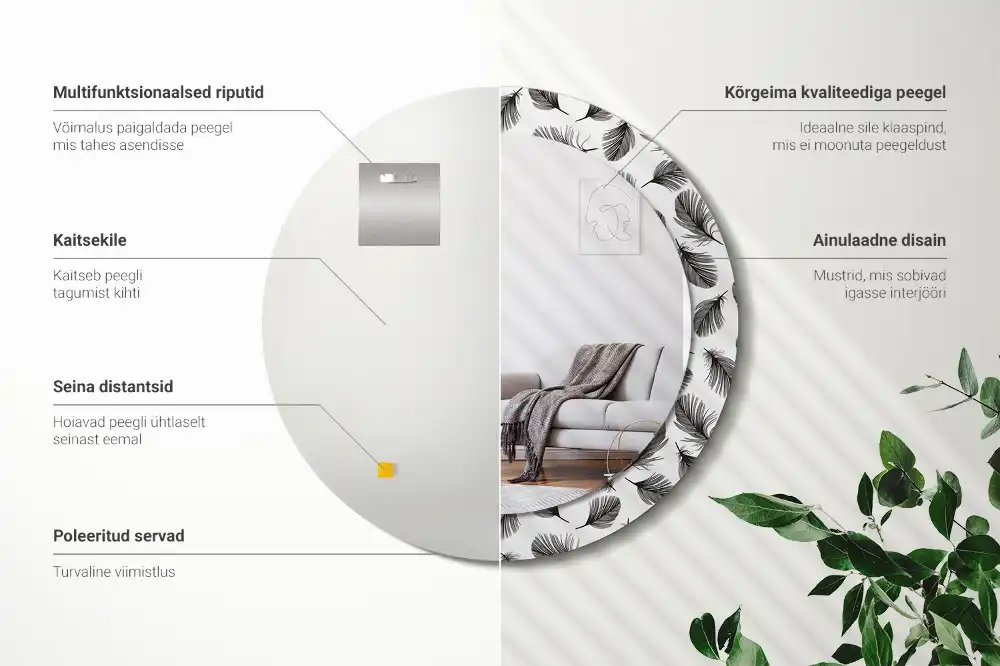 Okrúhle dekoračné zrkadlo na stenu Perie