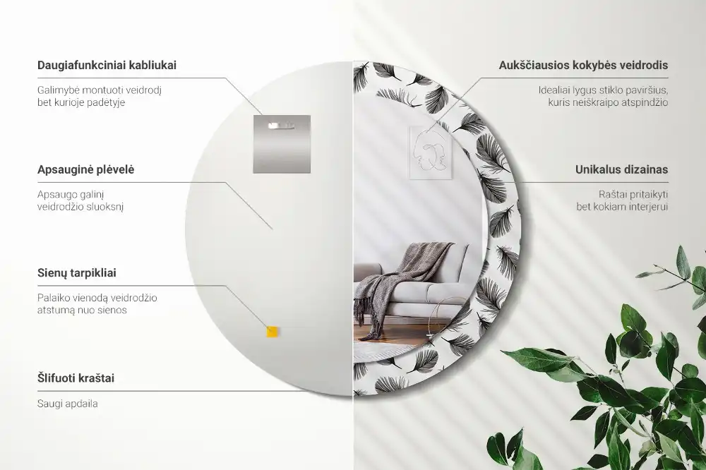 Okrúhle dekoračné zrkadlo na stenu Perie