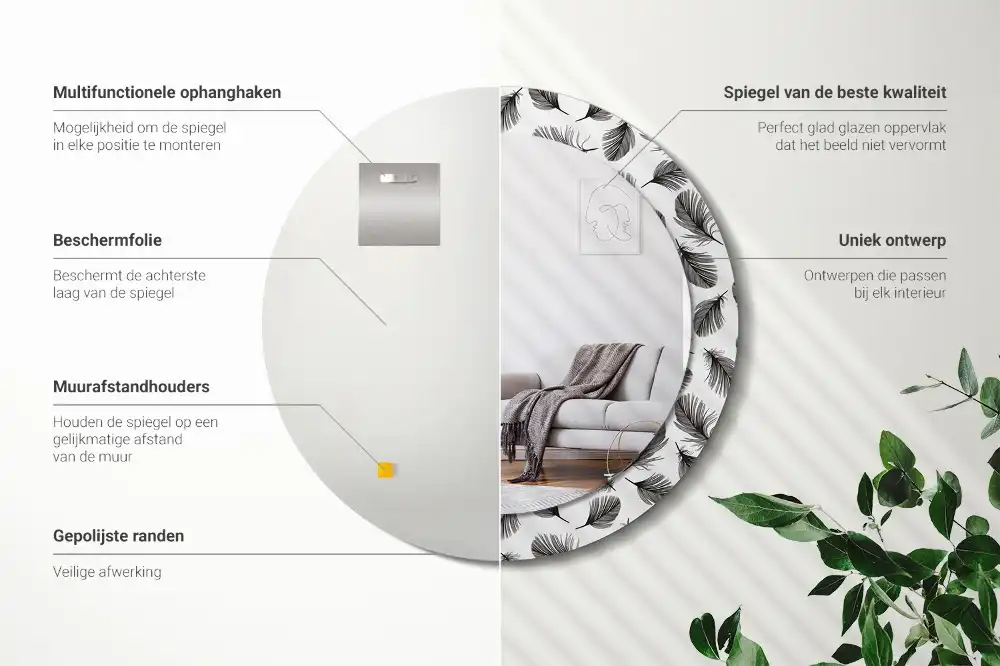 Okrúhle dekoračné zrkadlo na stenu Perie