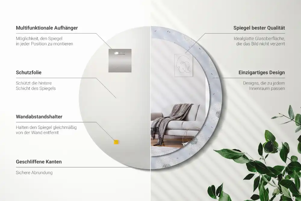 Okrúhle zrkadlo rám s potlačou Púpavy