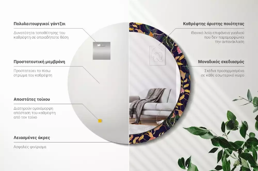 Okrúhle zrkadlo s potlačeným rámom Akvarelové rastliny