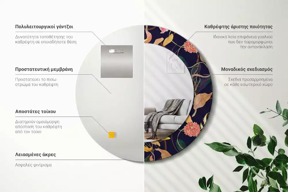 Okrúhle zrkadlo s potlačeným rámom Akvarelové rastliny