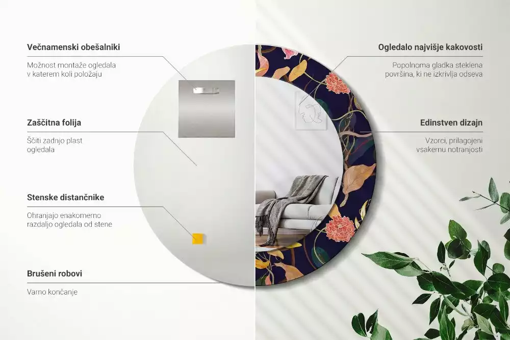 Okrúhle zrkadlo s potlačeným rámom Akvarelové rastliny