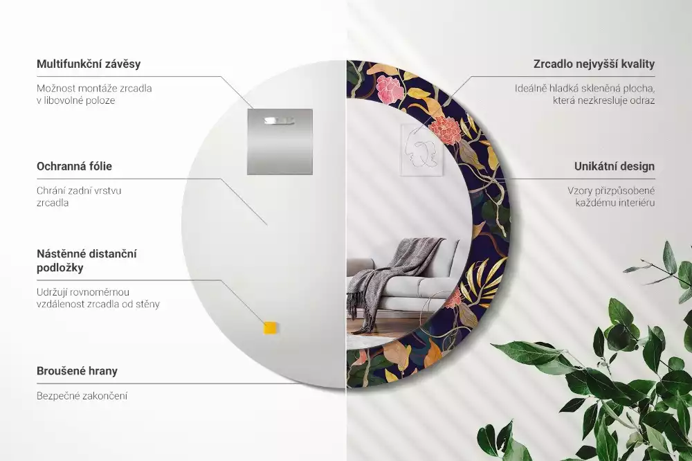 Okrúhle zrkadlo s potlačeným rámom Akvarelové rastliny