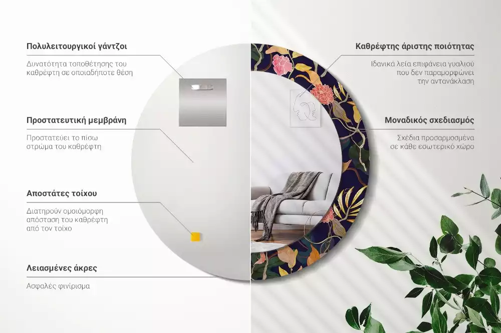 Okrúhle zrkadlo s potlačeným rámom Akvarelové rastliny