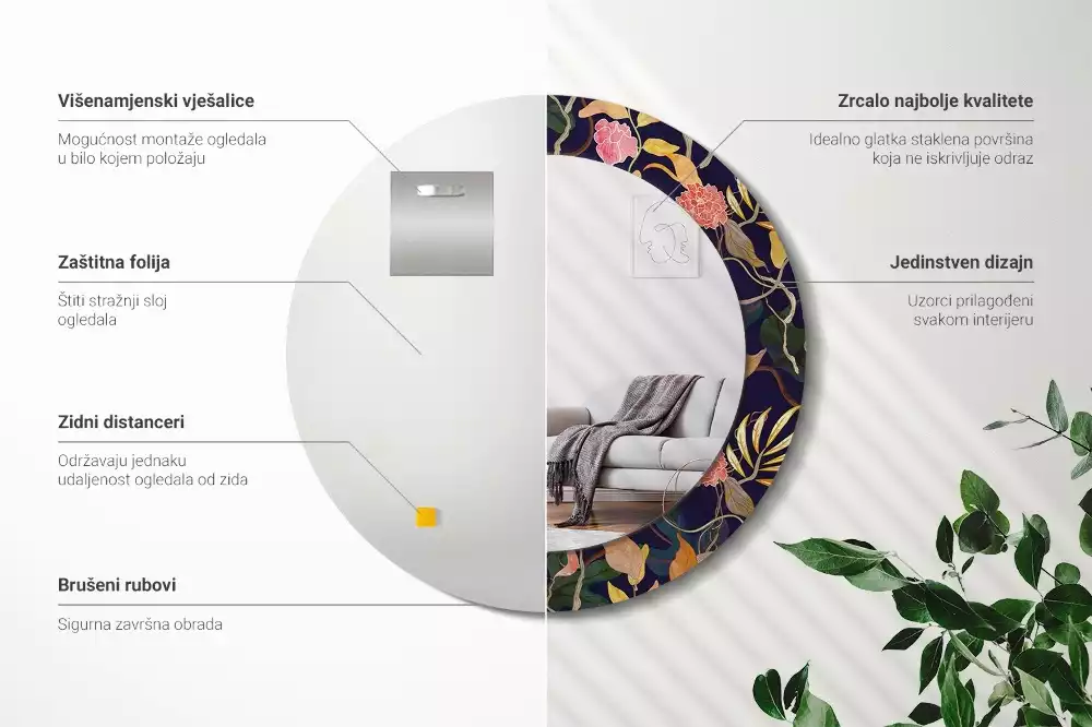 Okrúhle zrkadlo s potlačeným rámom Akvarelové rastliny