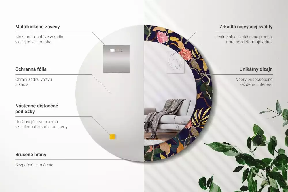 Okrúhle zrkadlo s potlačeným rámom Akvarelové rastliny