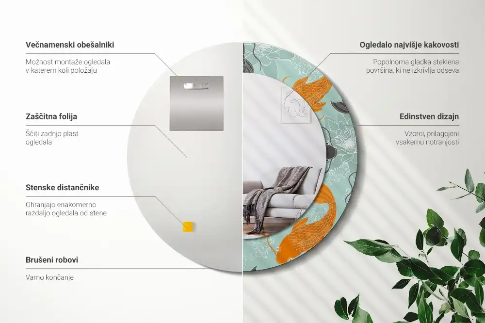 Okrúhle zrkadlo rám s potlačou Kapor koi