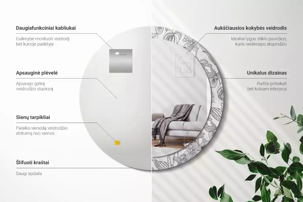 Okrúhle zrkadlo s potlačeným rámom Kvetinový vzor