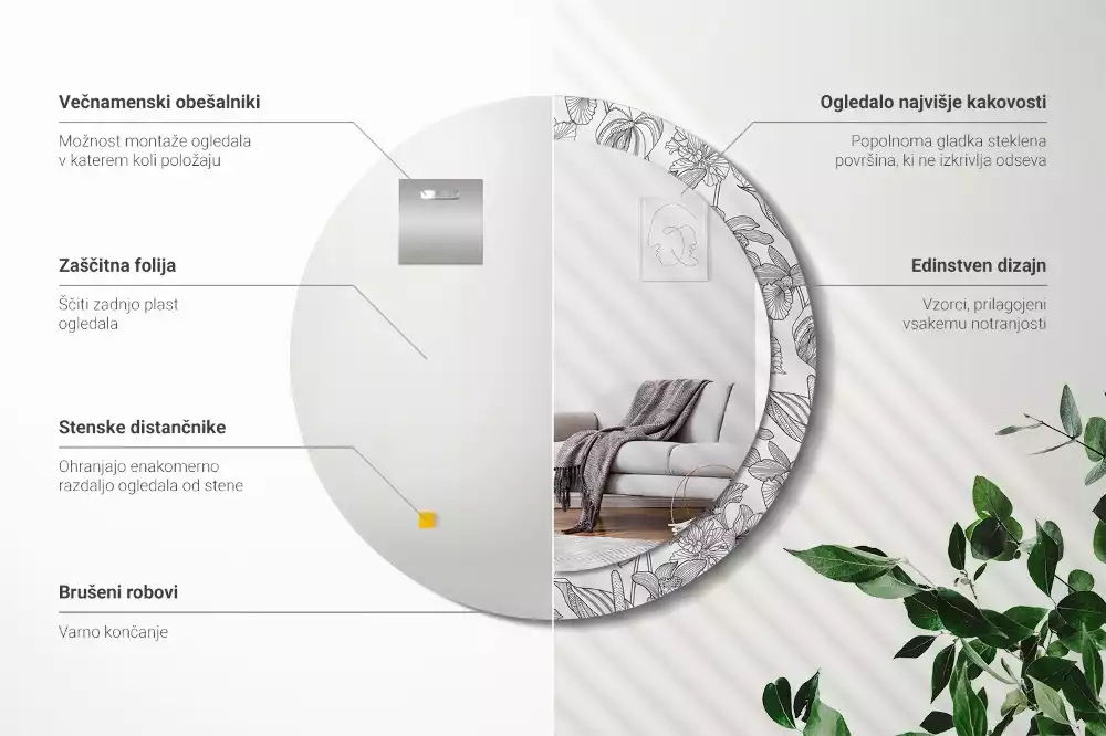 Okrúhle zrkadlo s potlačeným rámom Kvetinový vzor