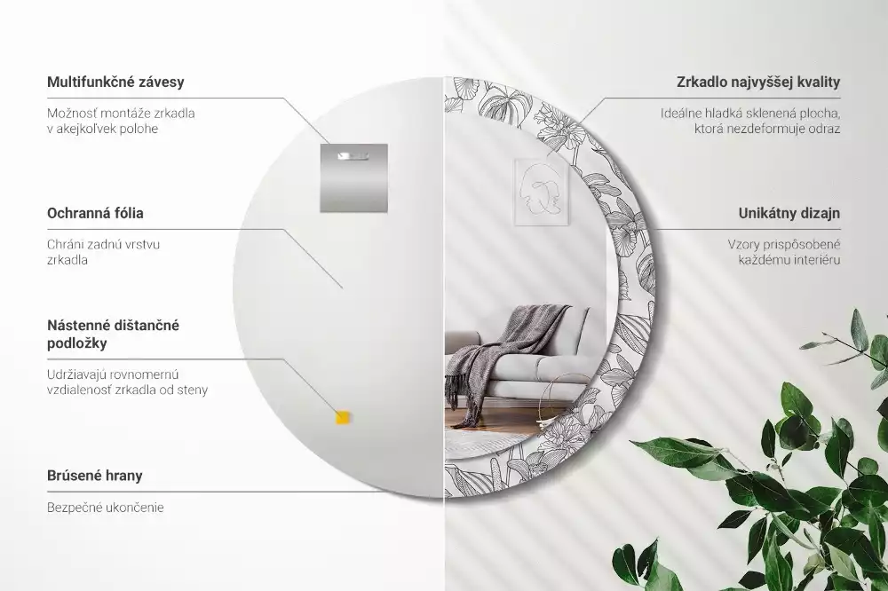 Okrúhle zrkadlo s potlačeným rámom Kvetinový vzor