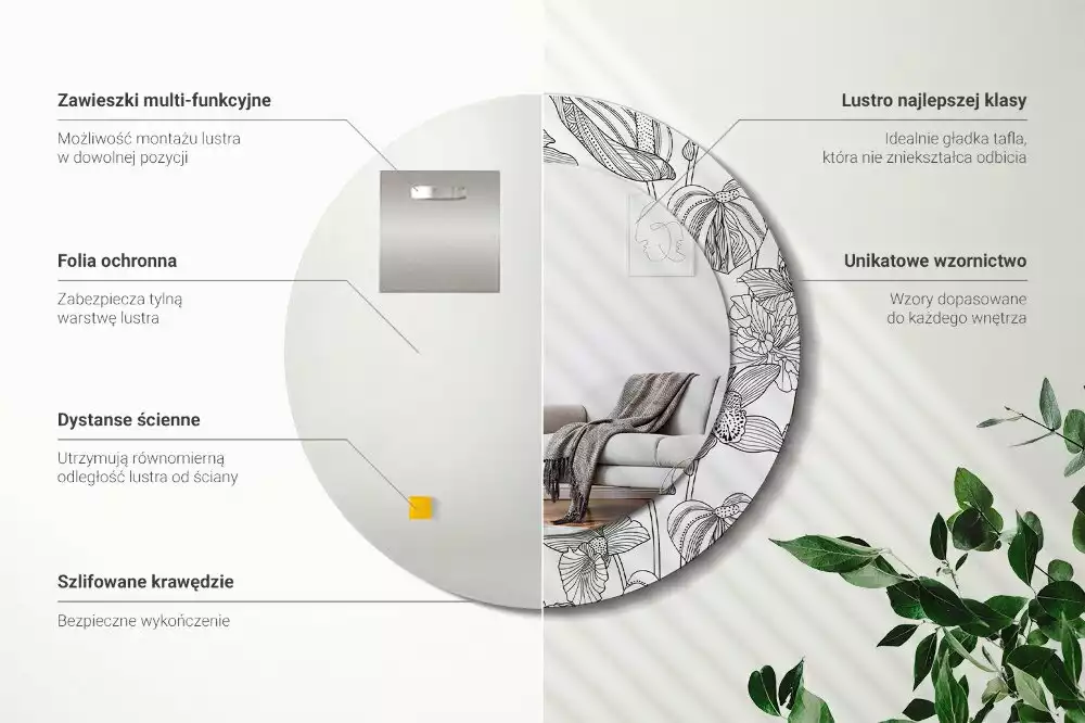 Okrúhle zrkadlo s potlačeným rámom Kvetinový vzor