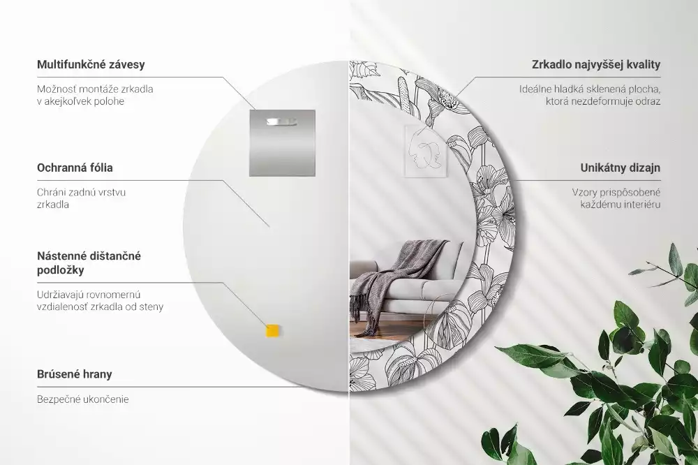 Okrúhle zrkadlo s potlačeným rámom Kvetinový vzor