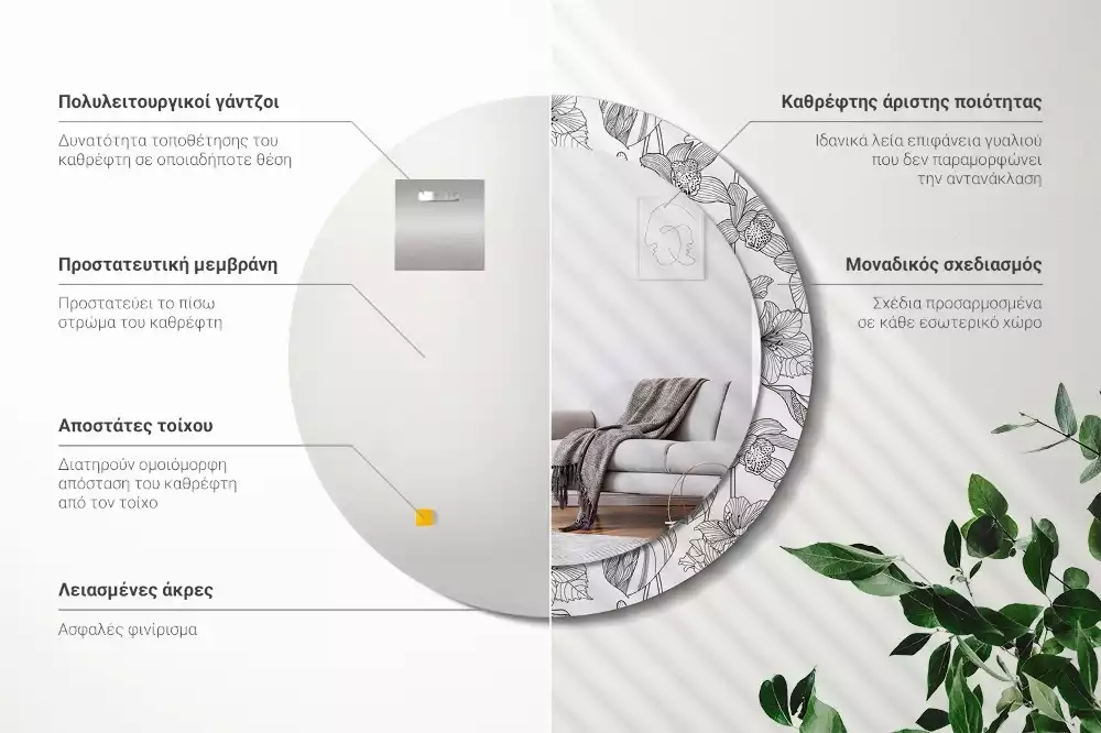 Okrúhle zrkadlo s potlačeným rámom Kvetinový vzor