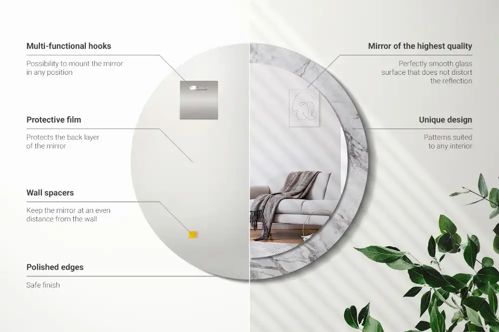 Okrúhle zrkadlo rám s potlačou Biely mramor