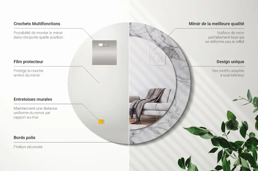 Okrúhle zrkadlo rám s potlačou Biely mramor