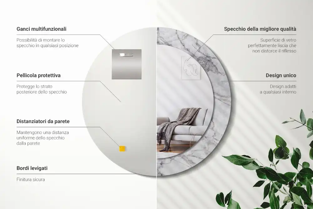 Okrúhle zrkadlo rám s potlačou Biely mramor