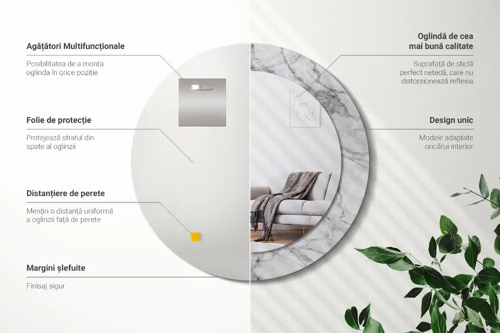 Okrúhle zrkadlo rám s potlačou Biely mramor