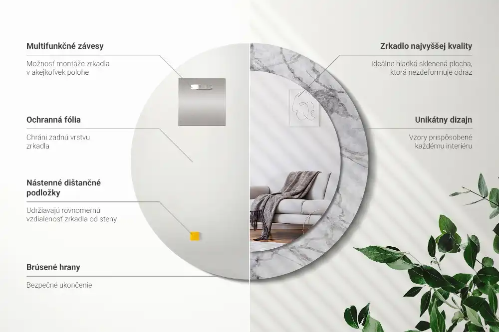 Okrúhle zrkadlo rám s potlačou Biely mramor