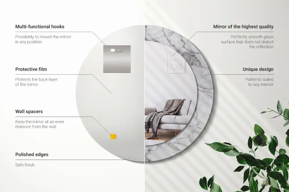 Okrúhle zrkadlo rám s potlačou Biely mramor