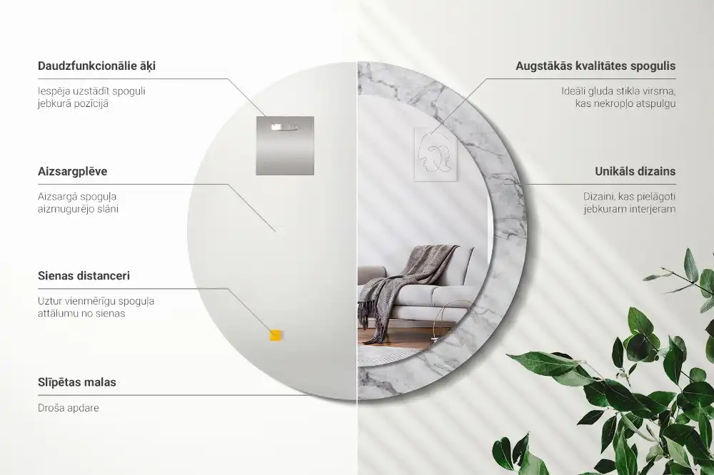 Okrúhle zrkadlo rám s potlačou Biely mramor