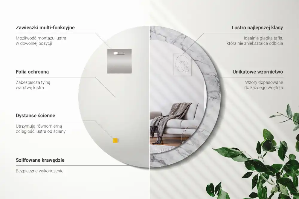 Okrúhle zrkadlo rám s potlačou Biely mramor