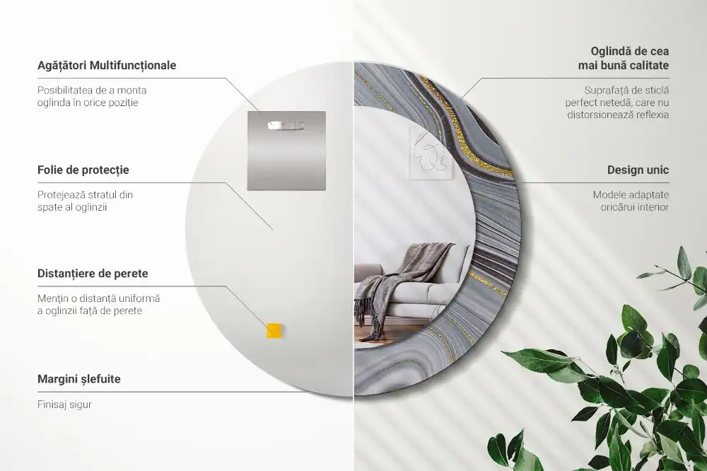 Okrúhle zrkadlo rám s potlačou Sivý mramor